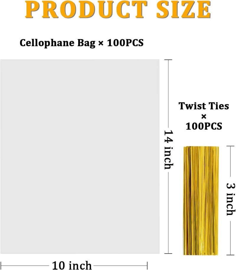 CUDICY 100pcs 10x14 Clear Cellophane Bags with Twist Ties for Gift Wrapping - Image 3