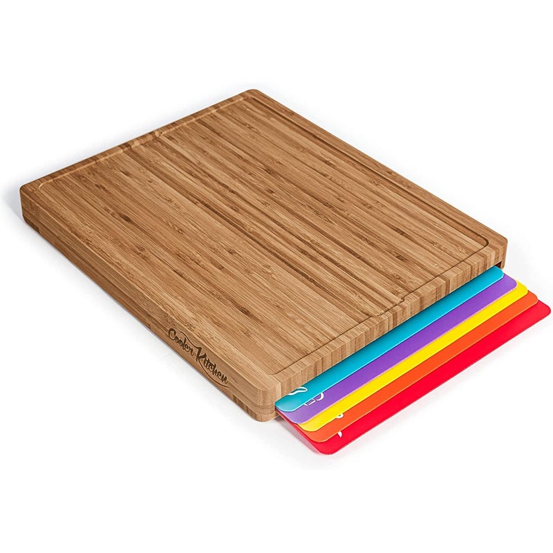 Cooler Kitchen Bamboo Wood Cutting Board Set with 6 Color Coded Flexible Plastic Chopping Mats with Food Icons, Wooden Cutting Boards for Kitchen, Wooden Chopping Board Non Toxic Dishwasher Safe - Image 1