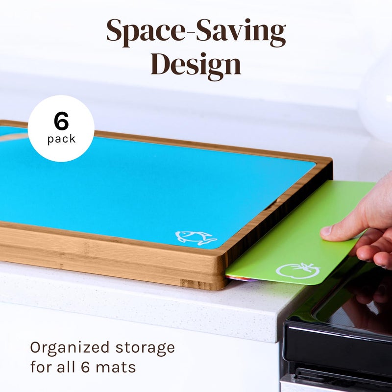 Cooler Kitchen Bamboo Wood Cutting Board Set with 6 Color Coded Flexible Plastic Chopping Mats with Food Icons, Wooden Cutting Boards for Kitchen, Wooden Chopping Board Non Toxic Dishwasher Safe - Image 2