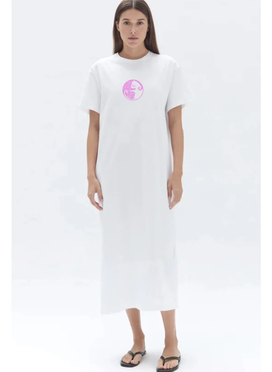 Rock&Roll Balance Cats White Short Sleeve Combed Cotton Long Dress
