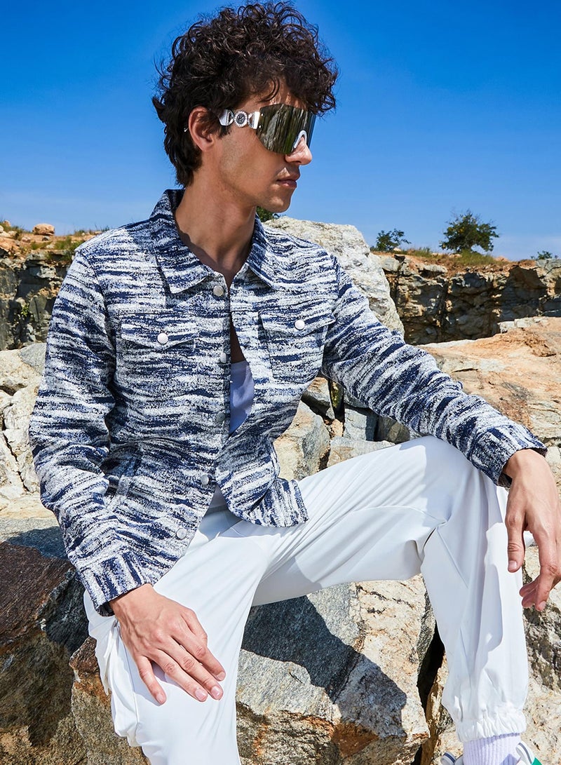 Campus Sutra Men's Navy Blue & Ivory White Textured Utility Jacket - Image 1