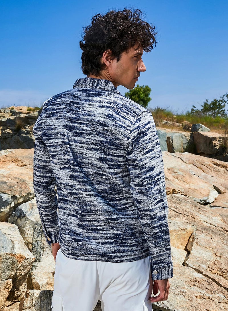 Campus Sutra Men's Navy Blue & Ivory White Textured Utility Jacket - Image 5