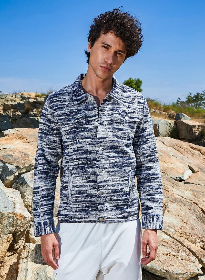 Campus Sutra Men's Navy Blue & Ivory White Textured Utility Jacket - Image 2
