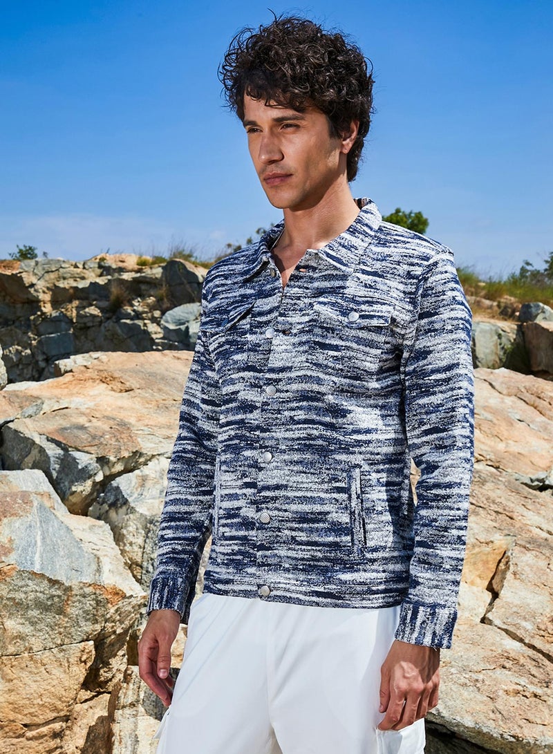 Campus Sutra Men's Navy Blue & Ivory White Textured Utility Jacket - Image 3