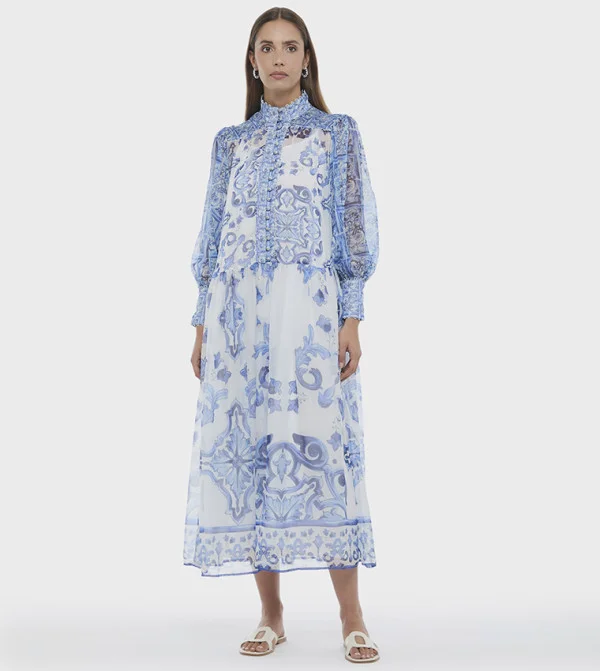 بي سي بي جي BCBG Porcelin Print Chiffon Maxi Dress
