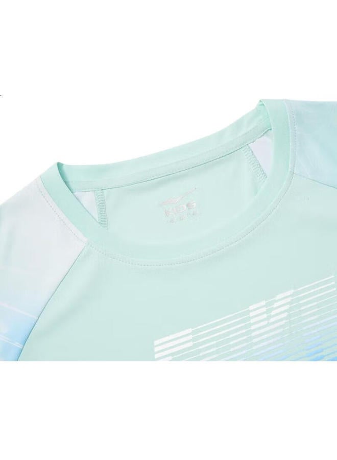 Erke Kids' Round Neck Short Sleeve Pure Cotton T-Shirt Light Ice Green 160 - Image 2