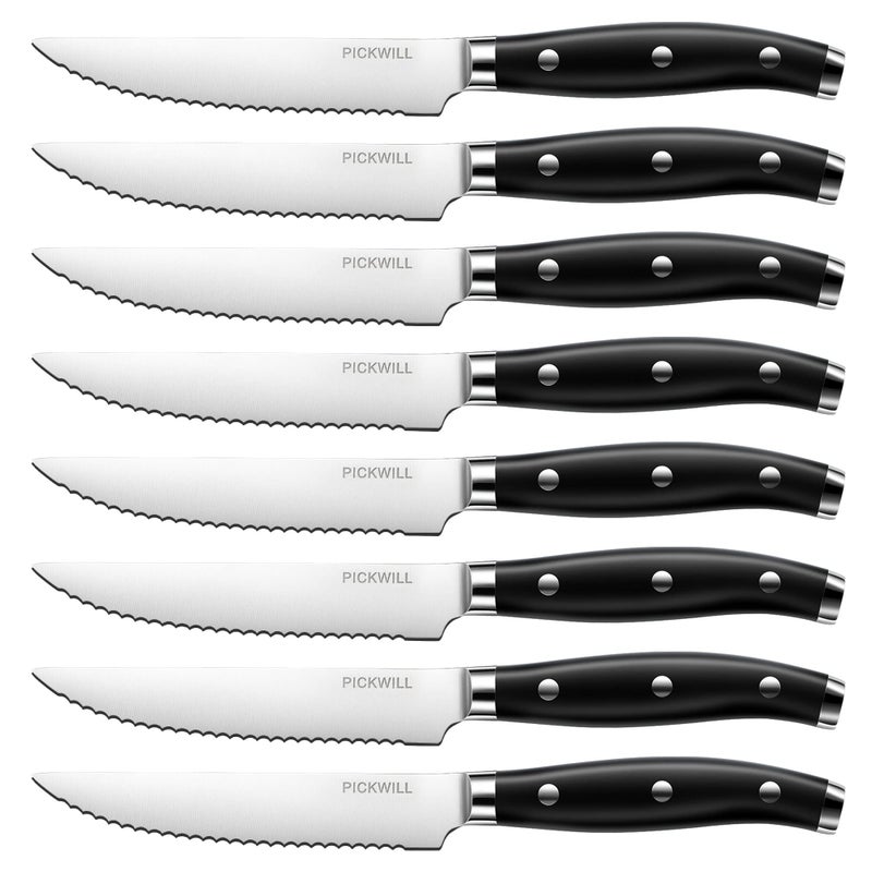 PICKWILL Steak Knives Set of 8 Serrated Classic Steak Knife Set High Carbon Stainless Steel Kitchen Steak Knives with Full Tang Handle 45 Inch Dinner Knives with Gift Box Black