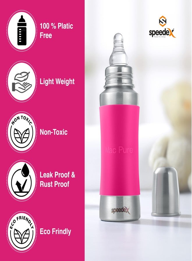 Speedex Stainless Steel Baby Feeding Bottle with Internal 'ML' Marking,Silicon Grip (240 ml, Pink Color) (3 Nipples Free) - Image 4
