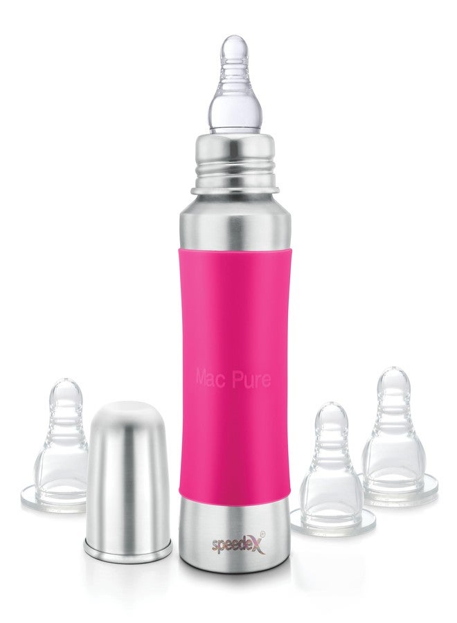 Speedex Stainless Steel Baby Feeding Bottle with Internal 'ML' Marking,Silicon Grip (240 ml, Pink Color) (3 Nipples Free) - Image 1