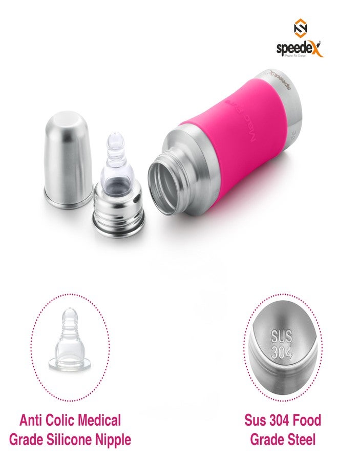 Speedex Stainless Steel Baby Feeding Bottle with Internal 'ML' Marking,Silicon Grip (240 ml, Pink Color) (3 Nipples Free) - Image 3