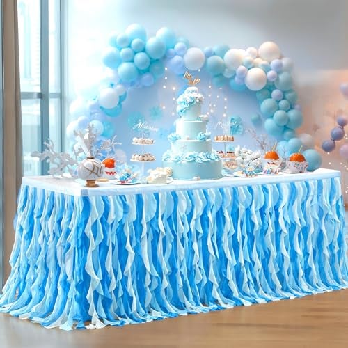 Partisky Ocean Blue Tulle Tutu Ruffle Curly Willow Table Skirt for Rectangle Table 6ft,Under The Sea Baby Shark Themed Table Cloth for Boys Girls Birthday Party or Baby Shower - Image 2