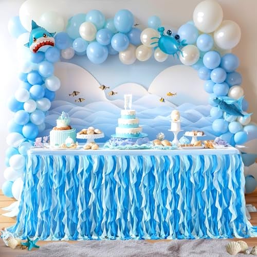 Partisky Ocean Blue Tulle Tutu Ruffle Curly Willow Table Skirt for Rectangle Table 6ft,Under The Sea Baby Shark Themed Table Cloth for Boys Girls Birthday Party or Baby Shower - Image 1
