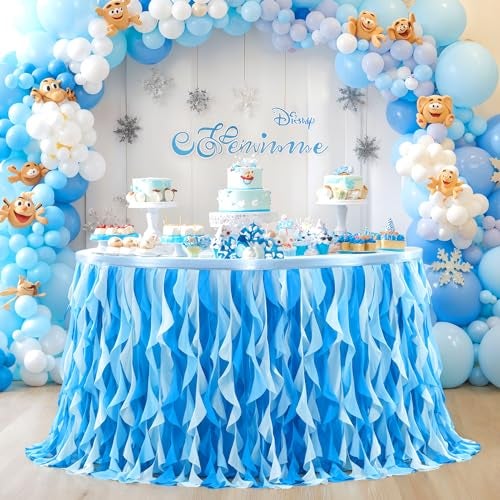Partisky Ocean Blue Tulle Tutu Ruffle Curly Willow Table Skirt for Rectangle Table 6ft,Under The Sea Baby Shark Themed Table Cloth for Boys Girls Birthday Party or Baby Shower - Image 4