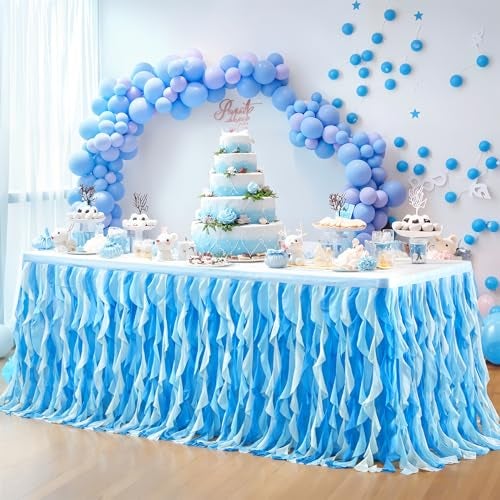 Partisky Ocean Blue Tulle Tutu Ruffle Curly Willow Table Skirt for Rectangle Table 6ft,Under The Sea Baby Shark Themed Table Cloth for Boys Girls Birthday Party or Baby Shower - Image 3
