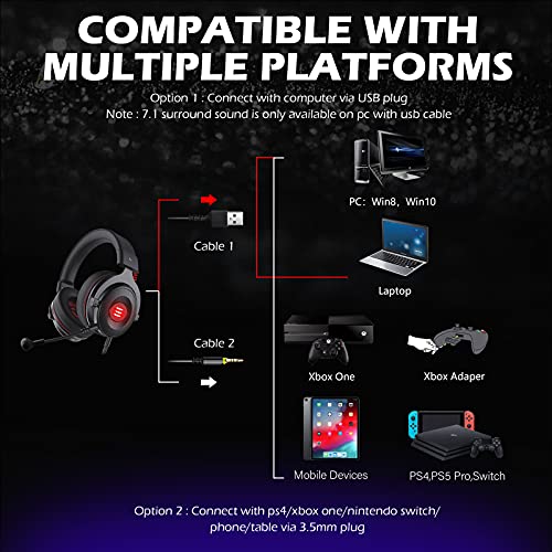 EKSA E900 PRO Black Gaming Wired Over Ear Headphones with Virtual 7.1 Surround Sound, Noise Cancelling with Mic & Led, Compatible with PC and Gaming Console - Red and Black - Image 5
