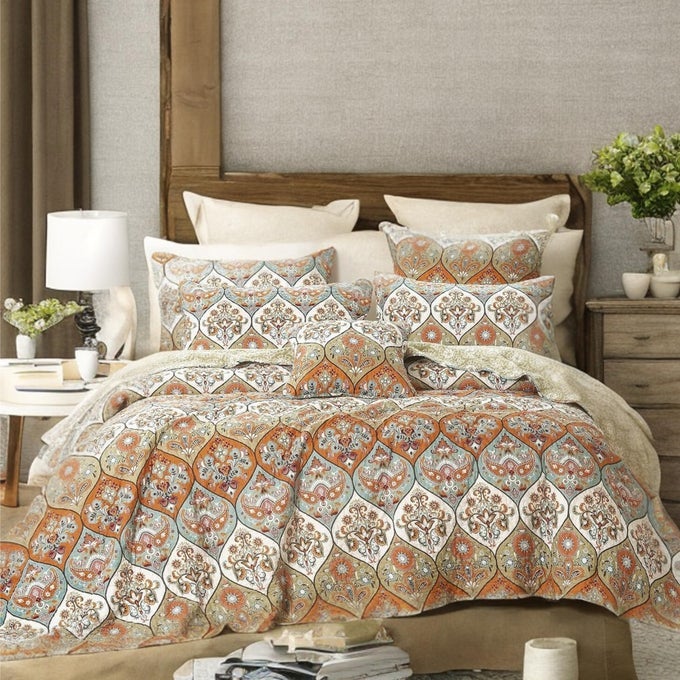 BOHEMIAN BEDSPREAD SET CORAL FLORAL PAISLEY GARDEN PARTY REVERSIBLE COVERLET BRIGHT VIBRANT MULTICOLORFUL BLUE SALMON PINK KING 3PIECES