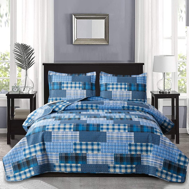 Jarson Patchwork Bedding Plaid Quilts Set FullQueen Size 3Pcs Navy Blue Buffalo Bedspreads Summer Lightweight Coverlet Pillow Shams