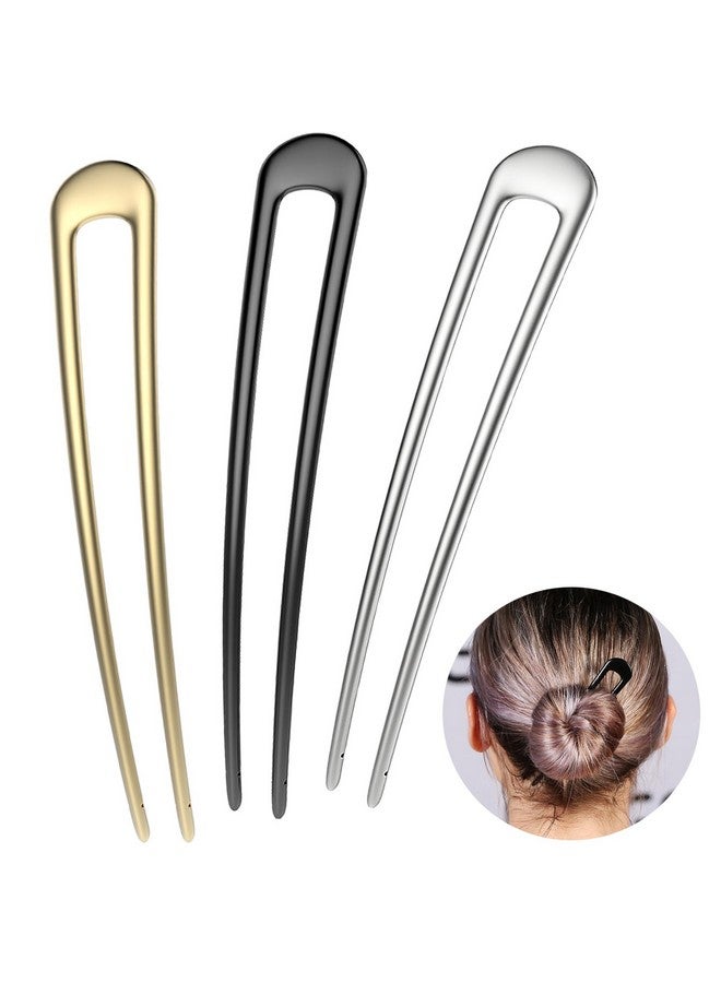HYFEEL French Hair Pins Metal Hair Forks U Shaped Long Chignon 2 Prong Sticks For Women Hair Accessories (Black Gold Silver) 3Pcs - Image 1