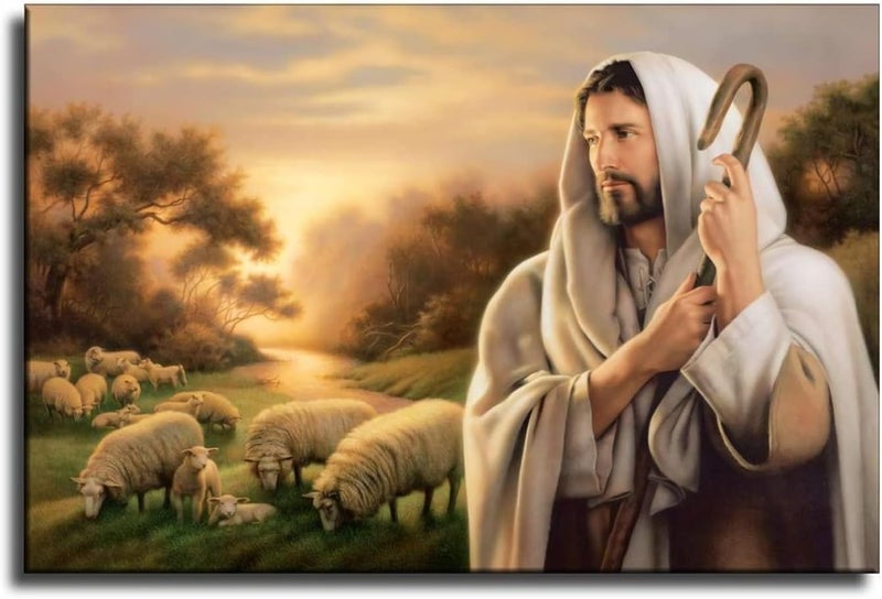 FireDeer Catholic Jesus Poster Print On Canvas Painting Christian God Pictures for Living Room No Frame (Jesus and Sheep, 20x30inch) - Image 1
