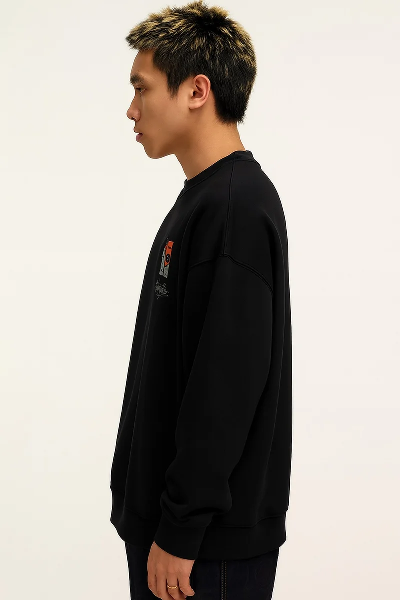 مانياك Maniac Mens Embroidery Full Sleeve Round Black Cotton Fleece Sweatshirt