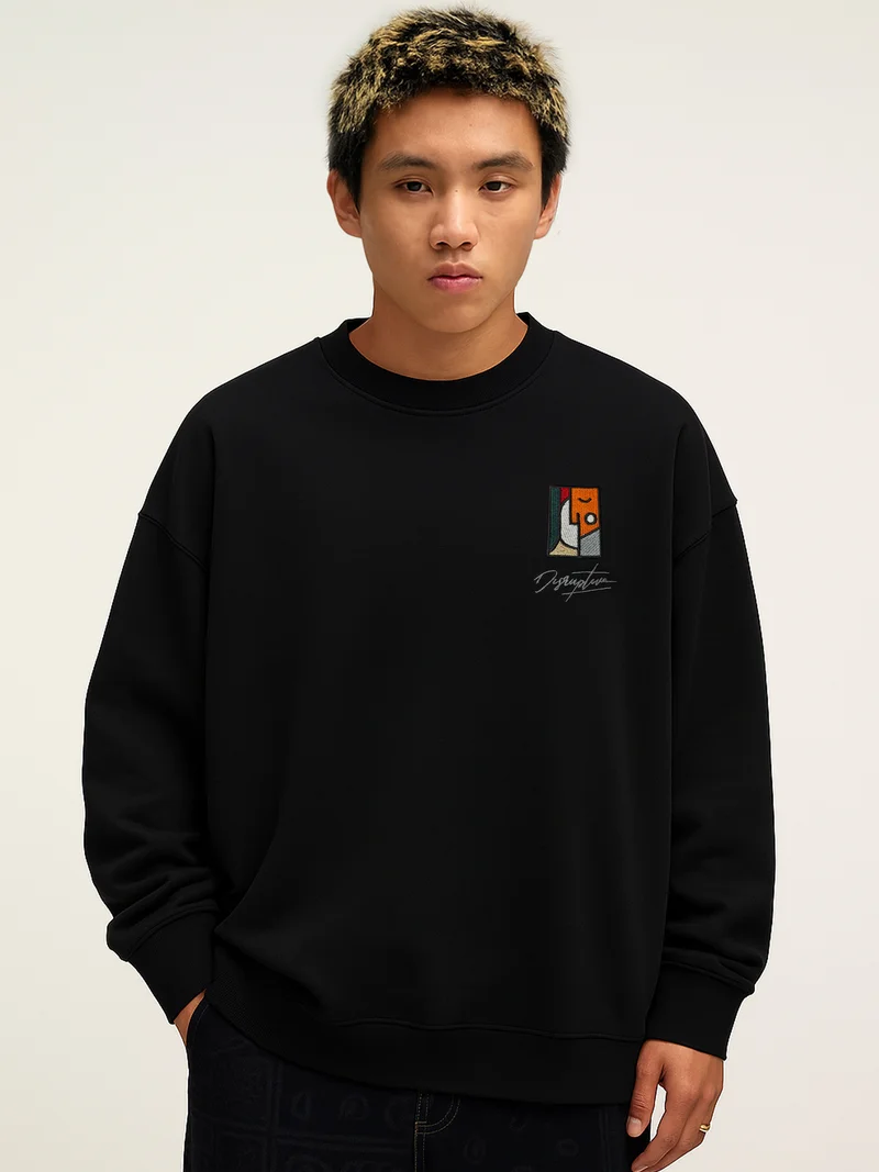 مانياك Maniac Mens Embroidery Full Sleeve Round Black Cotton Fleece Sweatshirt