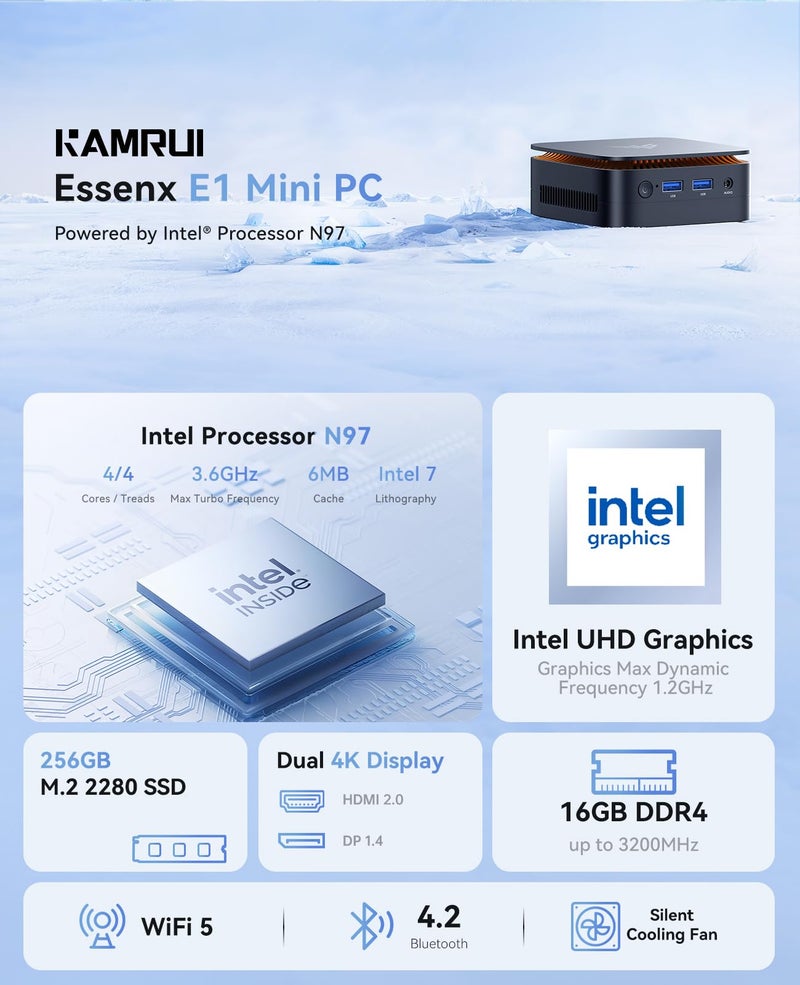 KAMRUI كمبيوتر كيمروي إيسينكس E1 ميني بي سي بمعالج N97، 16 جيجابايت ذاكرة DDR4، 256 جيجابايت SSD M.2، كمبيوتر مكتبي ميني يدعم دقة 4K مزدوجة، واي فاي، بلوتوث، إيثرنت، HTPC للأعمال، التعليم، المنزل - Image 2