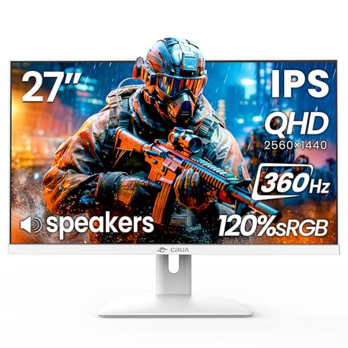 CRUA 27 Inch Gaming Monitor 360HZ, 2K QHD 2560x1440 IPS Panel White Computer Monitors with Built in Speakers, Support AMD FreeSync, 120% sRGB, Blue Light Filter, DP1.4 & HDMI2.1, Wall Mountable - Image 1