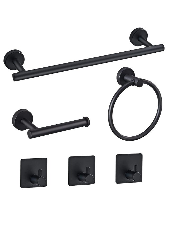Towel Bar Set KASTWAVE 6 PCS Bathroom Matte Black Stainless Steel Bathroom Accessories Towel Rack Set Round Wall Mounted, Include 16inch Towel Bar, Toilet Paper Holder, Towel Ring, 3 Robe Towel Hooks  - Image 1