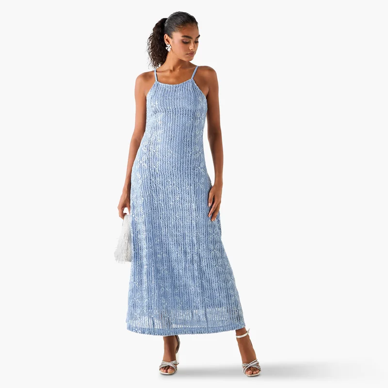 ايكونيك Iconic Sequin Embellished Crochet Dress with Spaghetti Straps
