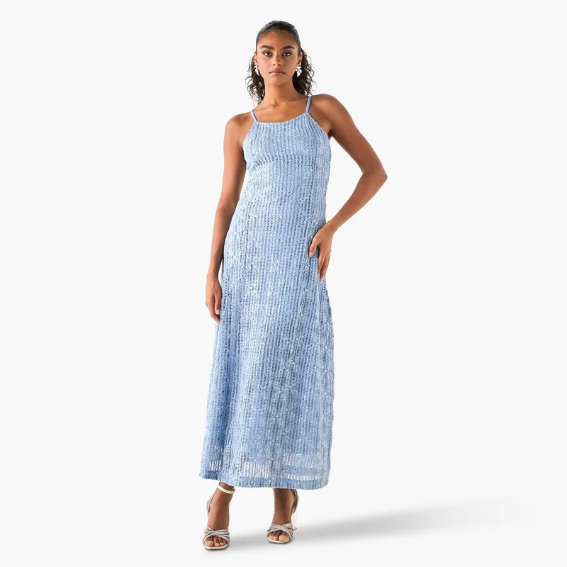 ايكونيك Iconic Sequin Embellished Crochet Dress with Spaghetti Straps