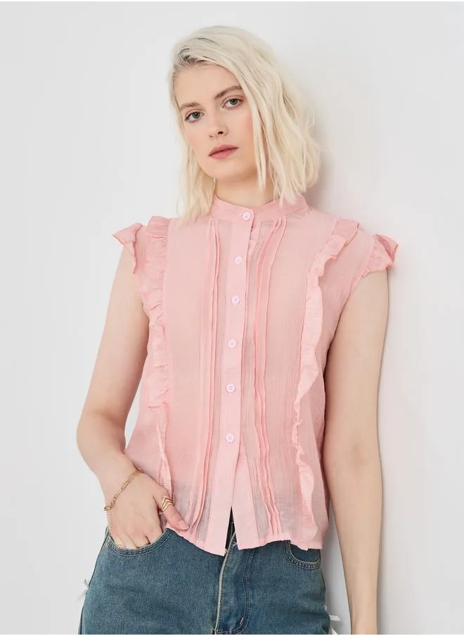 تايك تو Take Two Ruffled Sleeveless Mandarin Collar Shirt