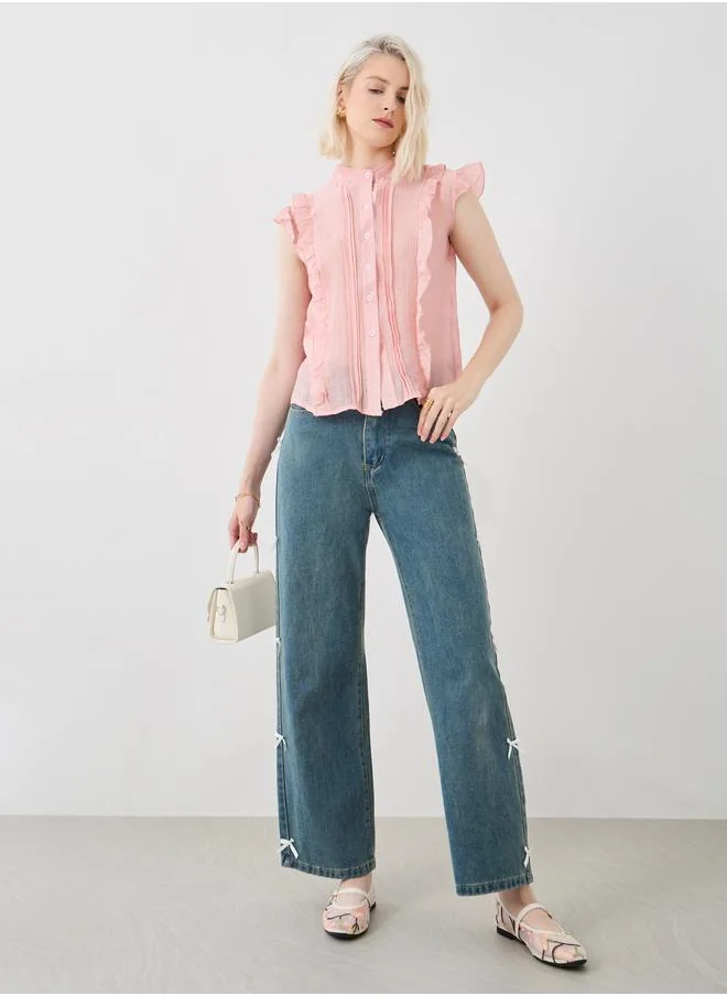 تايك تو Take Two Ruffled Sleeveless Mandarin Collar Shirt