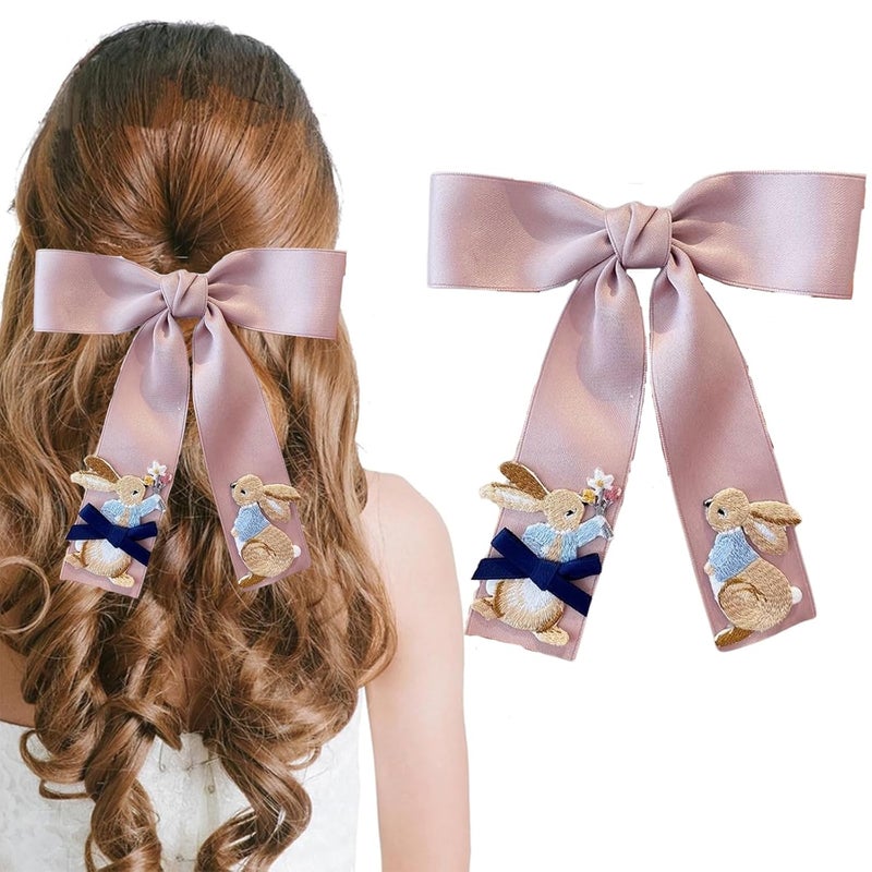 DIUEWOW Easter Bunny Hair Bow Clip Bunny Hair Clips Rabbit Alligator Clips Hair Bow Barrette Long Grosgrain Ribbon Alligator Hairgrips Pink Easter Rabbit Pattern Headwear Hair Accessories for Kids Girl 1pcs