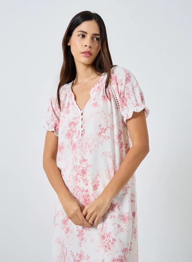Styli Styli Floral Ruffle Sleeve Placket Detail Nightdress
