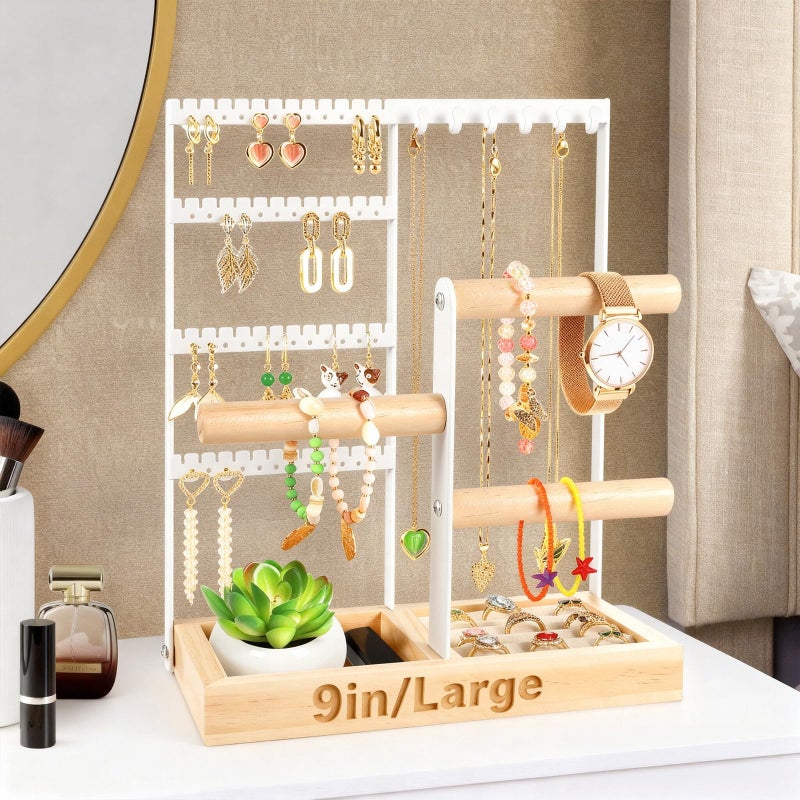 Godboat Jewelry Organizer, 4-Tier Earring Holder Organizer with 48 Holes, 6 Hooks Necklace Rack, Bracelet and Ring Stand with Wood Box, Gifts for Mothers Mom Women, Preppy Stuff & Room Decor, (White) - Image 1