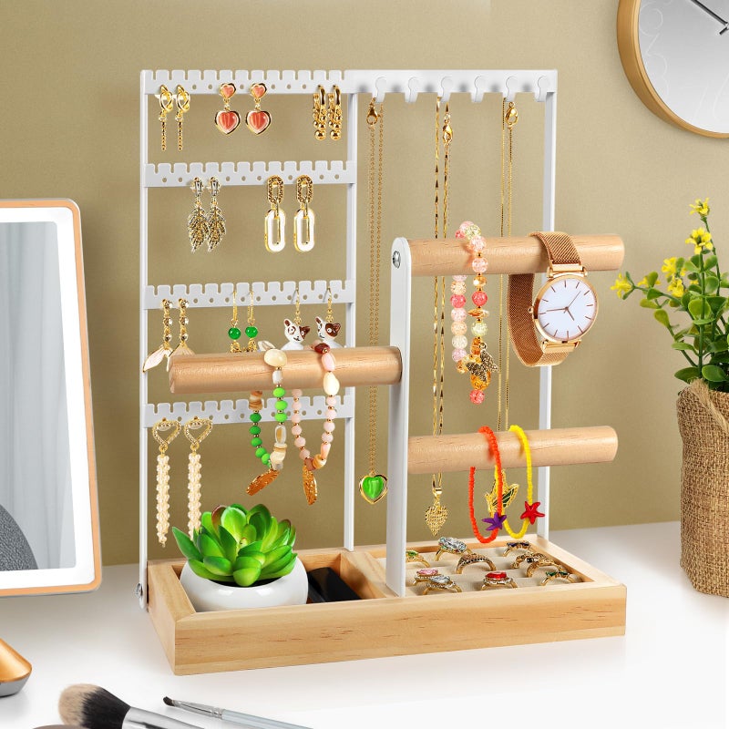 Godboat Jewelry Organizer, 4-Tier Earring Holder Organizer with 48 Holes, 6 Hooks Necklace Rack, Bracelet and Ring Stand with Wood Box, Gifts for Mothers Mom Women, Preppy Stuff & Room Decor, (White) - Image 5