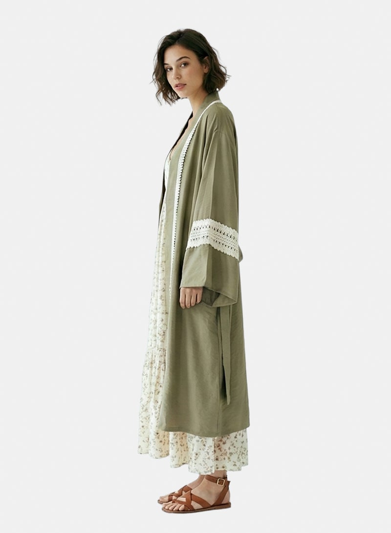 RAVIN Women Olive Green Crochet-Trimmed Longline Kimono Cardigan - Image 3