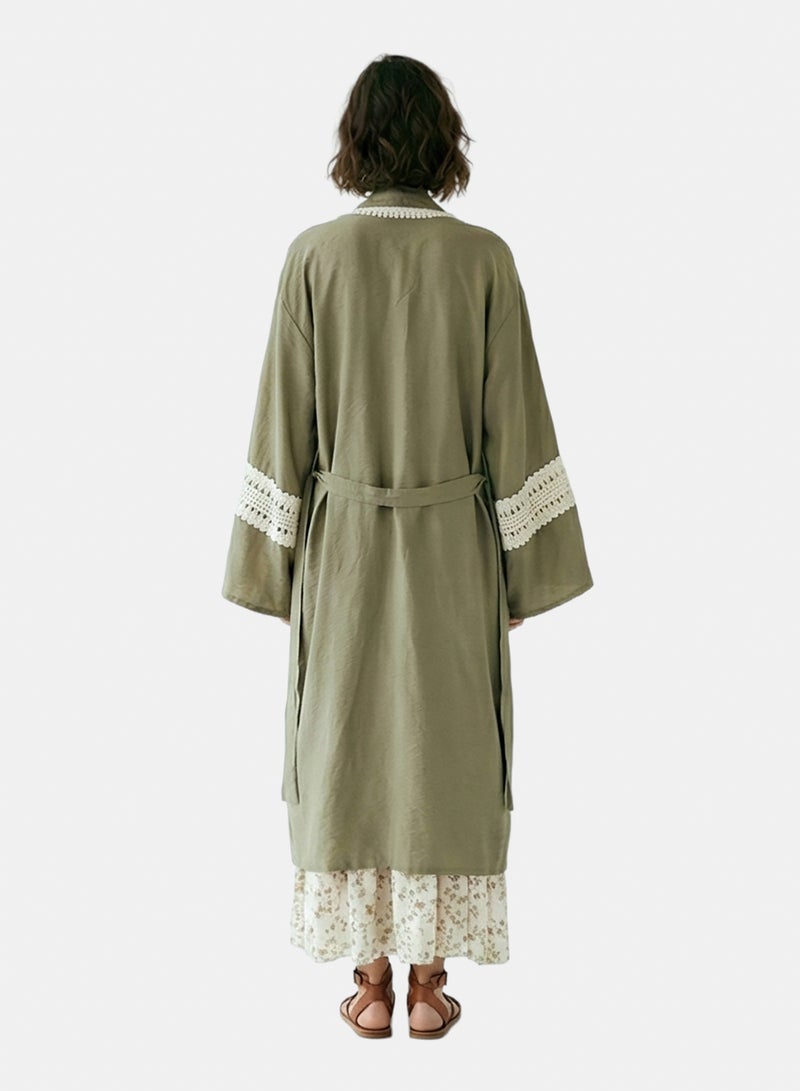 RAVIN Women Olive Green Crochet-Trimmed Longline Kimono Cardigan - Image 2