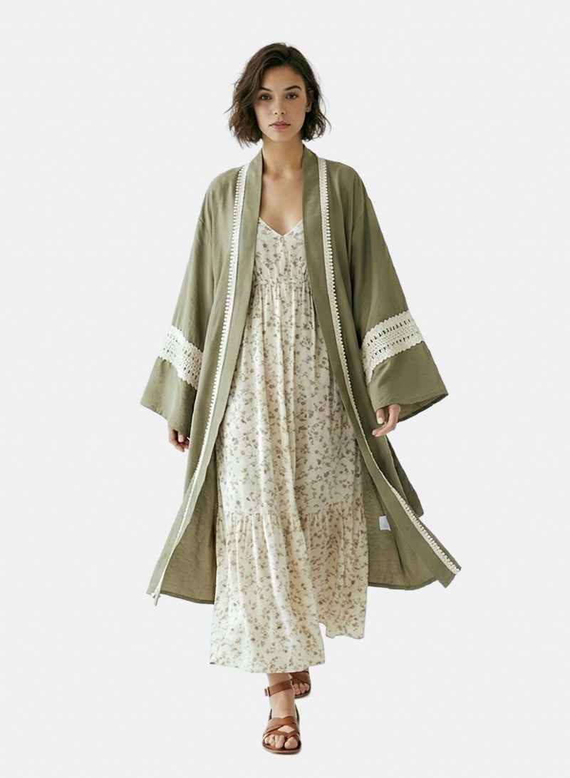 RAVIN Women Olive Green Crochet-Trimmed Longline Kimono Cardigan - Image 4