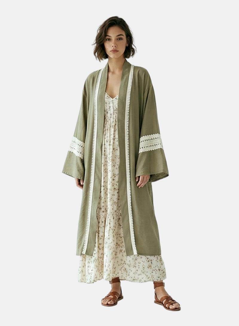 RAVIN Women Olive Green Crochet-Trimmed Longline Kimono Cardigan - Image 1
