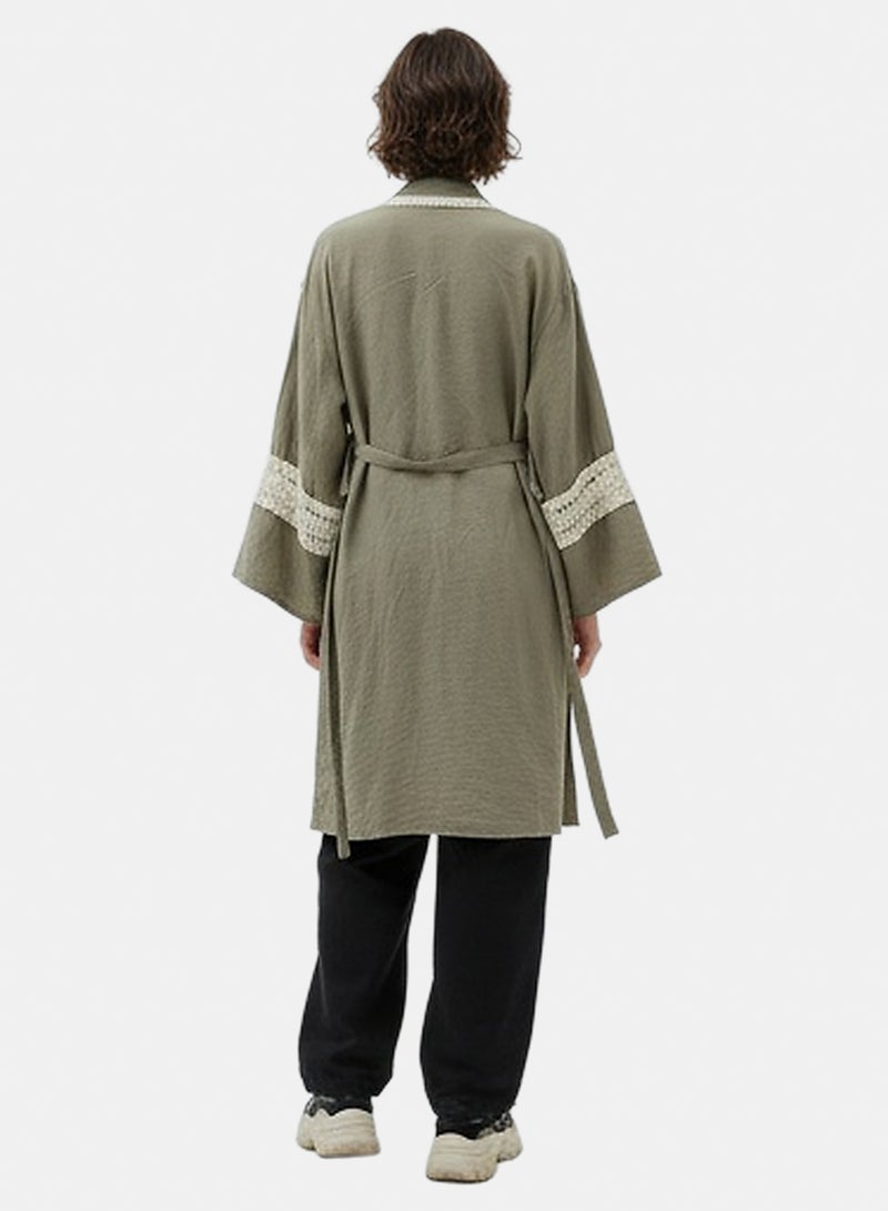 RAVIN Women Olive Green Crochet-Trimmed Longline Kimono Cardigan - Image 5