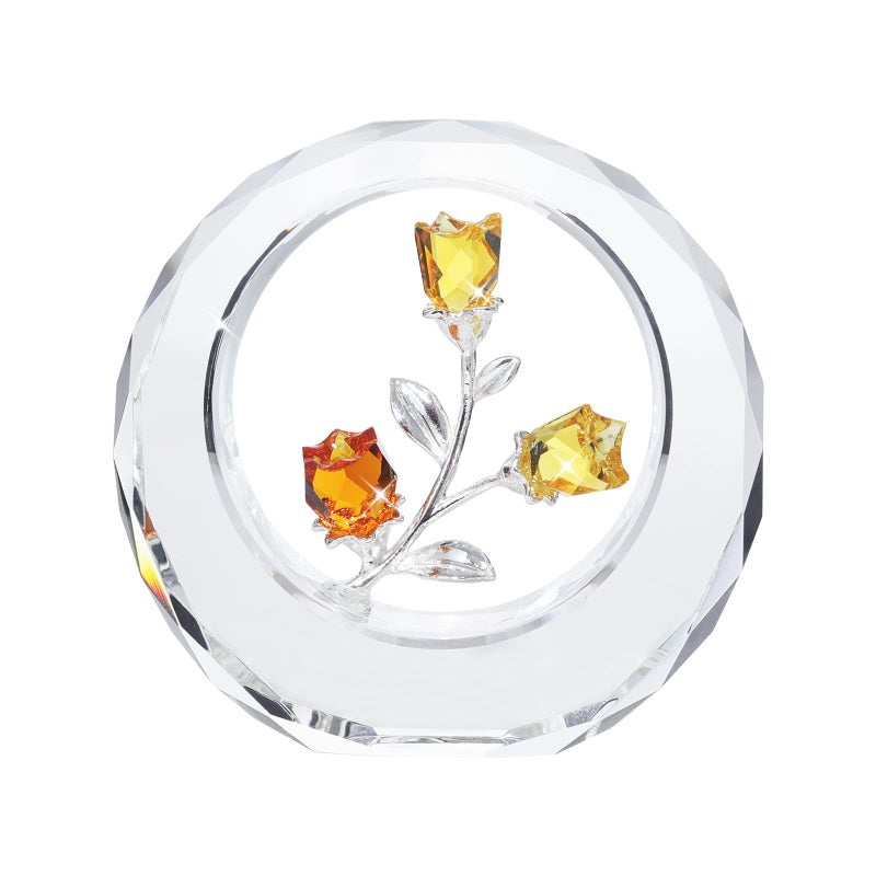 LONGWIN Crystal Tulips Flower Figurines with a Outer Circular Ring Glass Spring Bouquet Home Decor Paperweight Ornaments Yellow