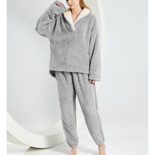 SeeLuNa Womens Fluffy Pajamas Set Fleece Pullover Pants Oversized Plush Sleepwear Cozy Fuzzy Loungewear Loose Warm Pjs SetsLight GreyS - Image 3