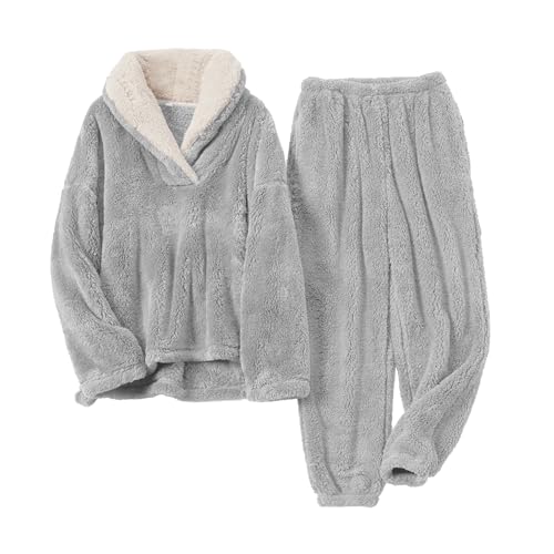 SeeLuNa Womens Fluffy Pajamas Set Fleece Pullover Pants Oversized Plush Sleepwear Cozy Fuzzy Loungewear Loose Warm Pjs SetsLight GreyS - Image 1