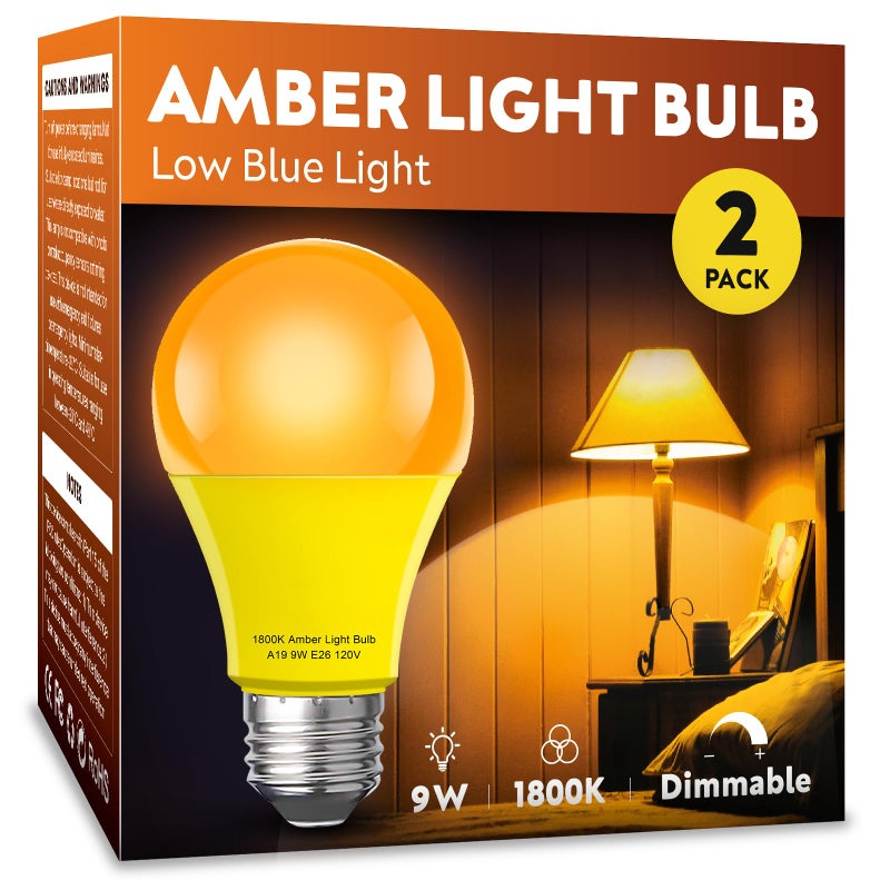mfxmf Amber Sleep Light Bulb 2 Packï¼ŒDimmable 1800K Warm Light Bulbs for Healthy Sleep,Blue Light Blocking,A19 9W(60W Equivalent) E26 Base Amber Light Bulbs for Bedroom, Baby Nursery Room - Image 1