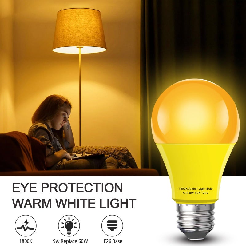 mfxmf Amber Sleep Light Bulb 2 Packï¼ŒDimmable 1800K Warm Light Bulbs for Healthy Sleep,Blue Light Blocking,A19 9W(60W Equivalent) E26 Base Amber Light Bulbs for Bedroom, Baby Nursery Room - Image 2