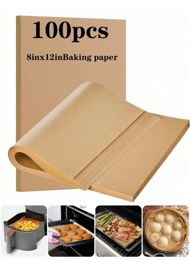 100 sheets of baking paper, designed for 8*12 inch baking trays, heat resistant, non-stick material, no cutting required, suitable for oven, grill, air fryer, steamer, baking, roasting, air frying, steaming bread and cupcakes - Image 1