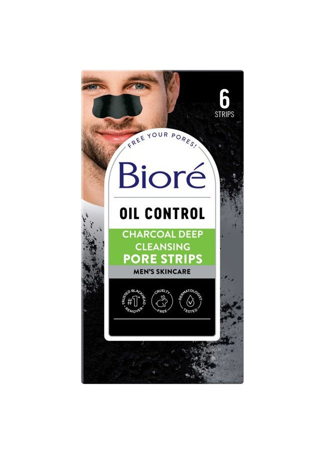 Bioré - Charcoal Deep Cleansing Pore Strips for Men, Nose Strips for Blackhead Removal on Oily Skin, Features C-Bond Technology with Instant Pore Unclogging, 6 Count - Image 1