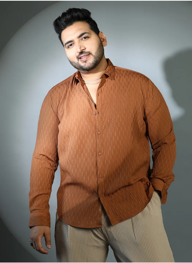 انستافاب بلس Instafab Plus Men's Sienna Brown Ruche-Tactile Shirt For Casual Wear | Spread Collar | Long Cuffed Sleeves | Button Closure | Plus Size Shirt Crafted With Comfort Fit For Everyday Wear