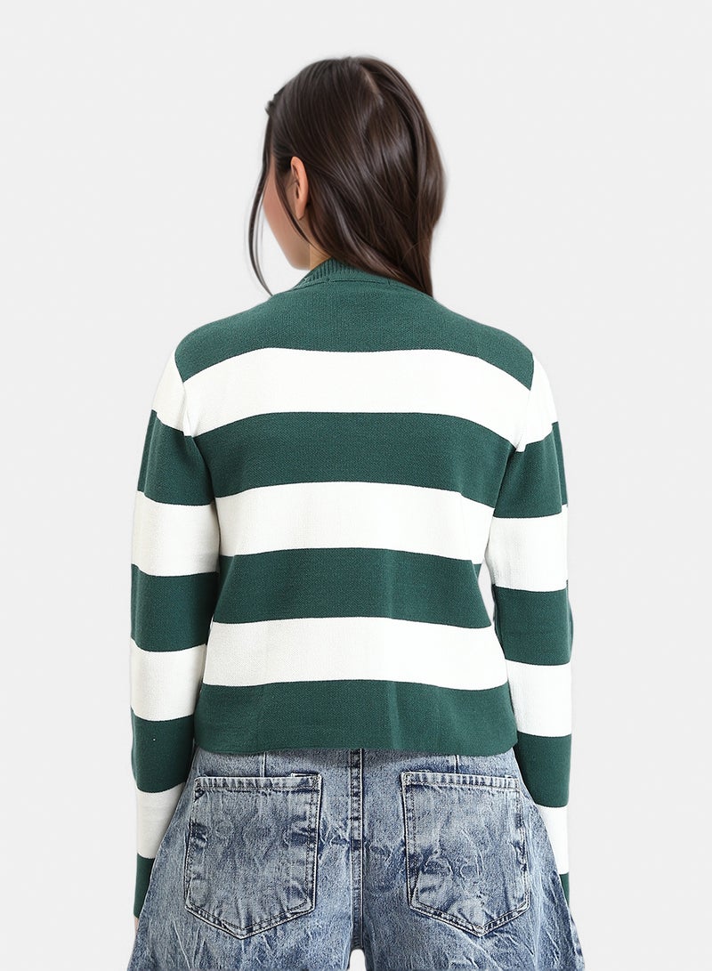 RAVIN Women Bi Tone Awning Striped Pullover Dark Green White - Image 2